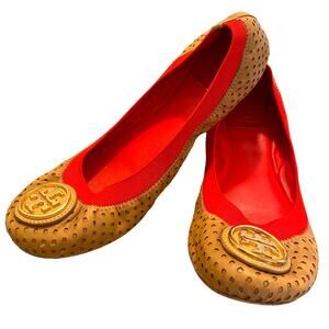 Tory Burch Size 6.5 Caroline tan flats with red elastic trim and golden logo